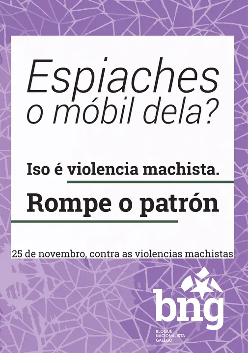 <p>O BNG lanza a campa&ntilde;a do &ldquo;25 de Novembro, D&iacute;a contra a violencia de X&eacute;nero&rdquo; dirix&iacute;ndose aos agresores a trav&eacute;s de tres preguntas que responden &aacute; violencia normalizada na sociedade e no &aacute;mbito da parella.</p>

<p>A responsable de Acci&oacute;n Feminista e deputada do BNG, Noa Presas presentou hoxe os tres carteis coas&nbsp; preguntas: &ldquo;Ameaz&aacute;chela, dubidas se ela quer&iacute;a sexo ou espiaches o seu m&oacute;bil&rdquo;, para po&ntilde;er o acento en pr&aacute;cticas habituais&nbsp; que constit&uacute;en situaci&oacute;ns de&nbsp; &nbsp;violencia contra as mulleres.<br />
<br />
<a href="http://www.bng.gal/articulo/novas/noa-presas-campana-do-bng-violencia-machista-vai-dirixida-desta-volta-aos-agresores/20171115142345021074.html">http://www.bng.gal/articulo/novas/noa-presas-campana-do-bng-violencia-machista-vai-dirixida-desta-volta-aos-agresores/20171115142345021074.html</a></p>
