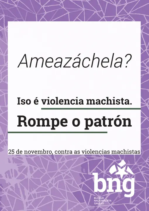 <p>O BNG lanza a campa&ntilde;a do &ldquo;25 de Novembro, D&iacute;a contra a violencia de X&eacute;nero&rdquo; dirix&iacute;ndose aos agresores a trav&eacute;s de tres preguntas que responden &aacute; violencia normalizada na sociedade e no &aacute;mbito da parella.</p>

<p>A responsable de Acci&oacute;n Feminista e deputada do BNG, Noa Presas presentou hoxe os tres carteis coas&nbsp; preguntas: &ldquo;Ameaz&aacute;chela, dubidas se ela quer&iacute;a sexo ou espiaches o seu m&oacute;bil&rdquo;, para po&ntilde;er o acento en pr&aacute;cticas habituais&nbsp; que constit&uacute;en situaci&oacute;ns de&nbsp; &nbsp;violencia contra as mulleres.<br />
<br />
<a href="http://www.bng.gal/articulo/novas/noa-presas-campana-do-bng-violencia-machista-vai-dirixida-desta-volta-aos-agresores/20171115142345021074.html">http://www.bng.gal/articulo/novas/noa-presas-campana-do-bng-violencia-machista-vai-dirixida-desta-volta-aos-agresores/20171115142345021074.html</a></p>
