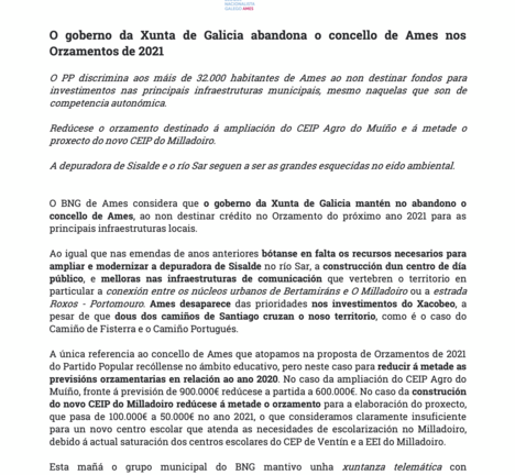 Nota de prensa BNG Ames orzamentos xunta 2021