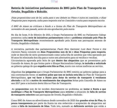 Bater&iacute;a de iniciativas parlamentares do BNG polo Plan de Transporte