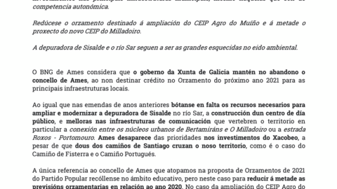 Nota de prensa BNG Ames orzamentos xunta 2021